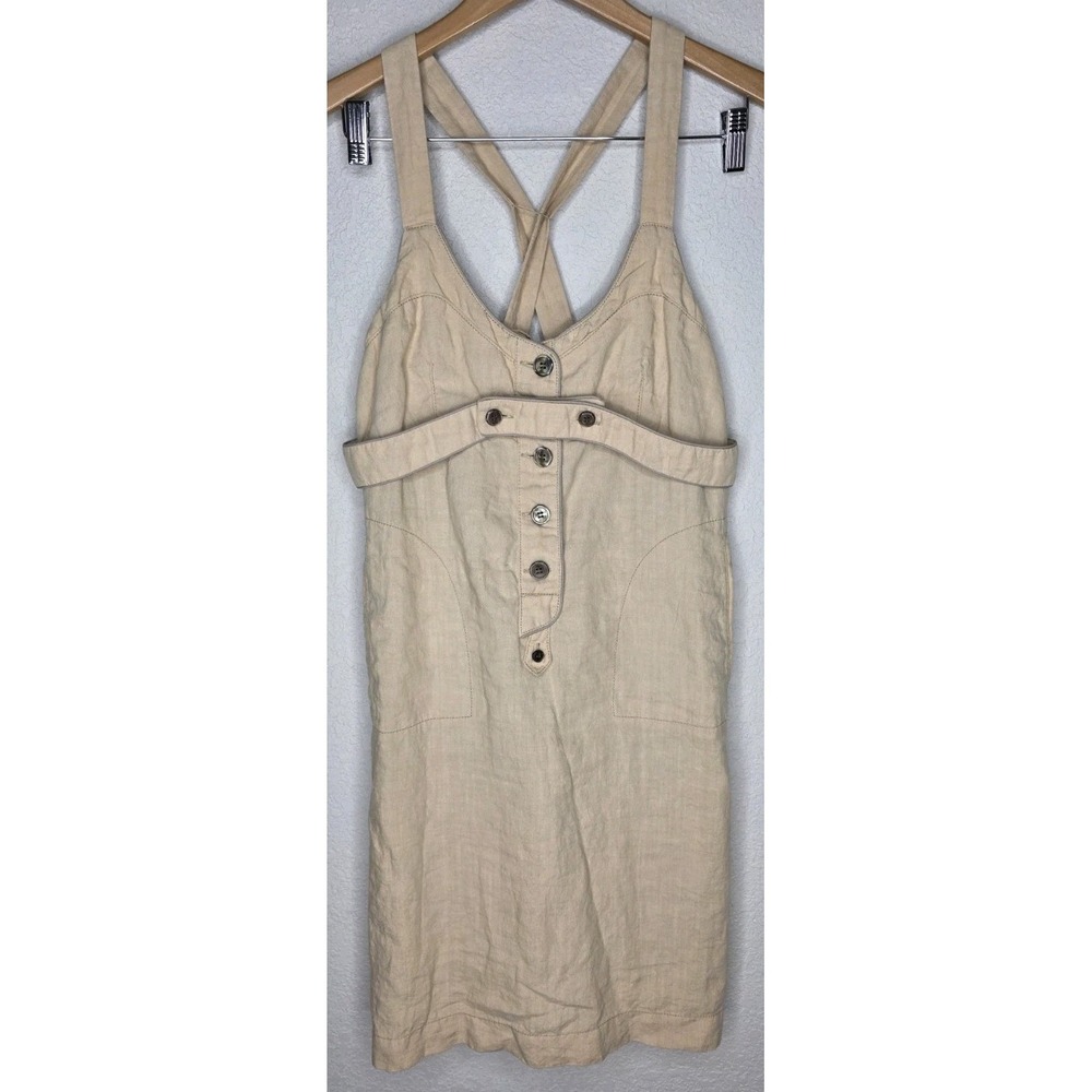 New RNA Tank Sleeveless Dress Linen Button Straps Adjustable Beige Woman M Boho